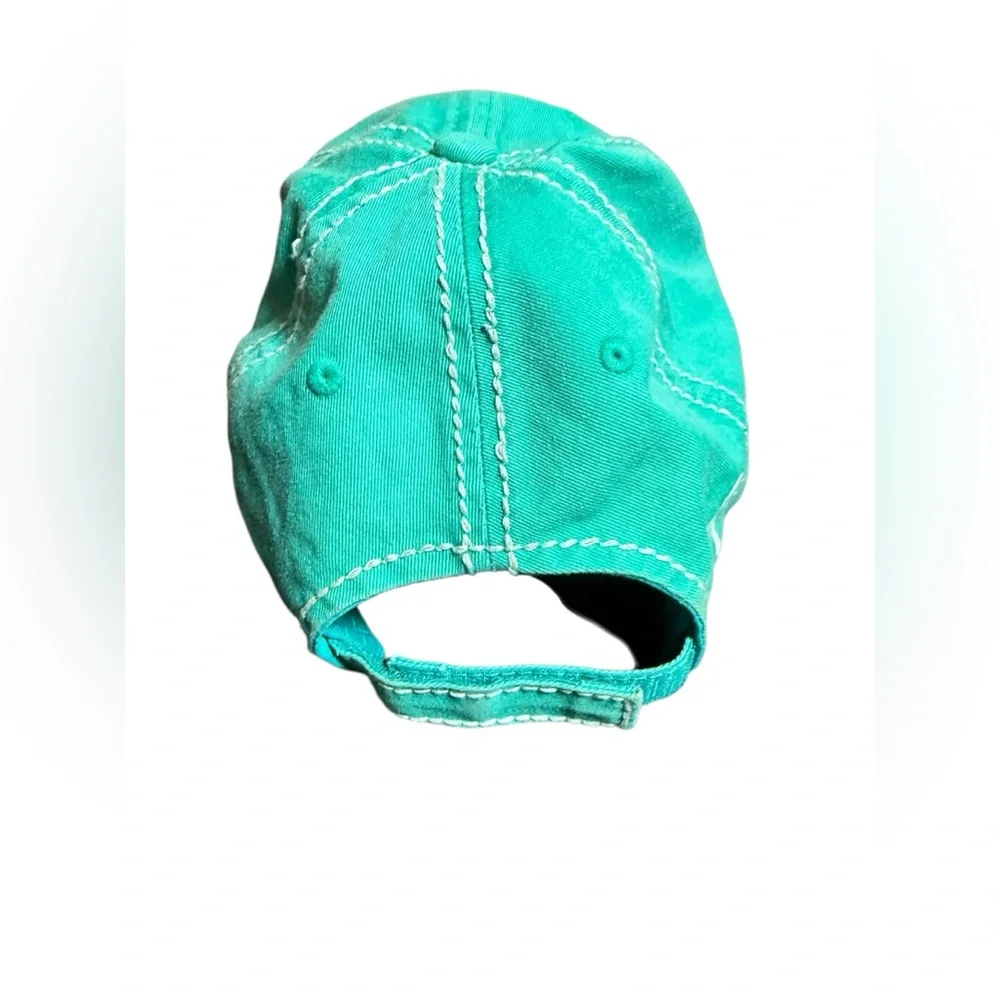 Good times & tan lines  🕶️🌴☀️distressed hat in aqua blue green with sunglasses